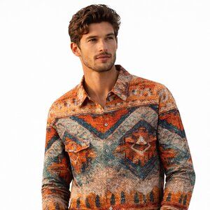 Men's L Aztec Southwestern Print Shirt Shacket Jacket Button Front LS 2 Pockets
